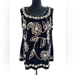 Lauren Michelle Woman Sleeveless Black Top White‎ Embroidery Sz 1X EUC